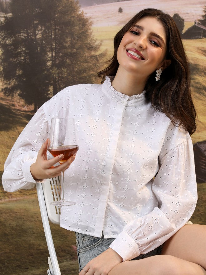 Tokyo Talkies Women White Self Design Blouson Top - White - Image 1