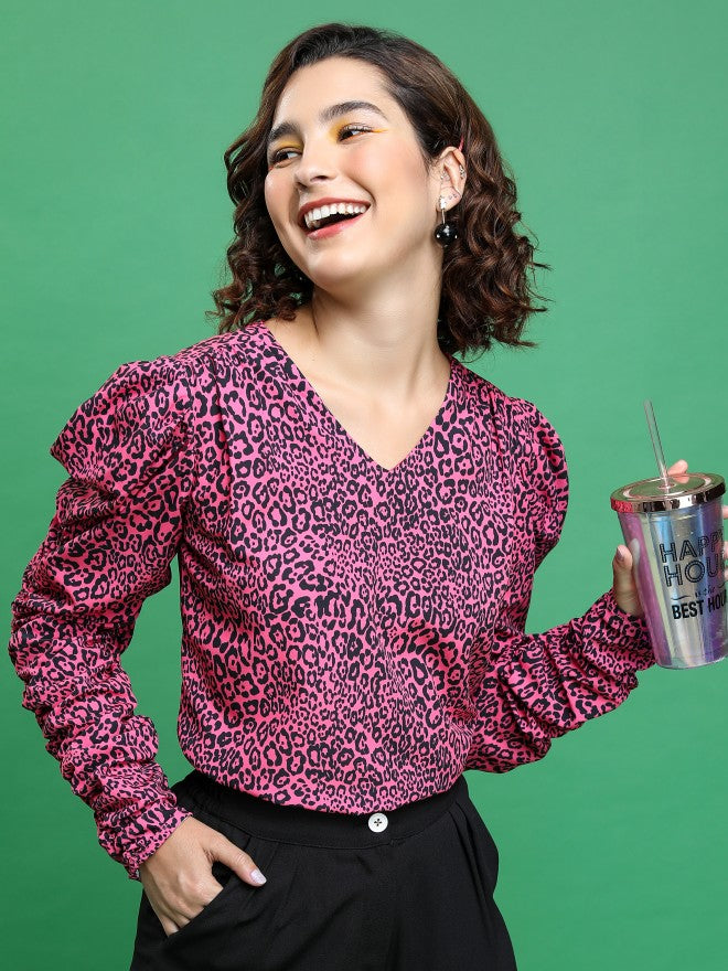 Tokyo Talkies Women Pink Printed Blouson Top - Pink - Image 1