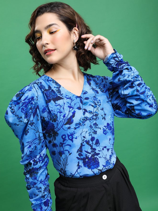 Tokyo Talkies Women Blue Printed Blouson Top - Blue - Image 1