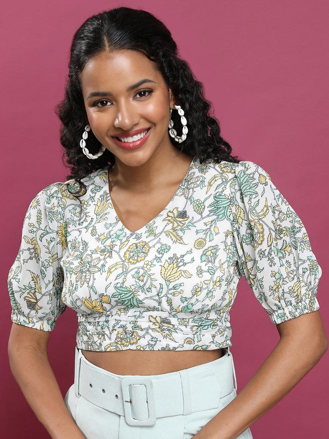 Tokyo Talkies Women Green Printed Blouson Top - Green - Image 1