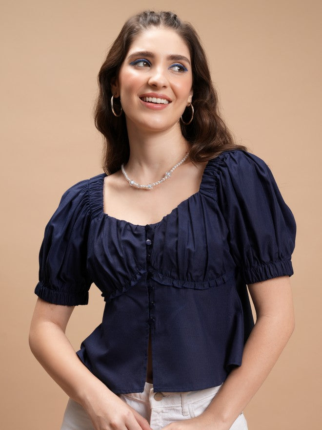 Tokyo Talkies Women Navy Blue Solid Peplum Top - Navy Blue - Image 1