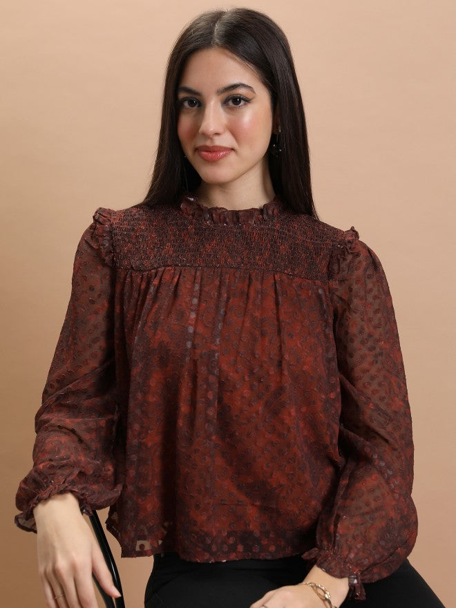 Tokyo Talkies Women Terracotta Printed Blouson Top - Terracotta - Image 1