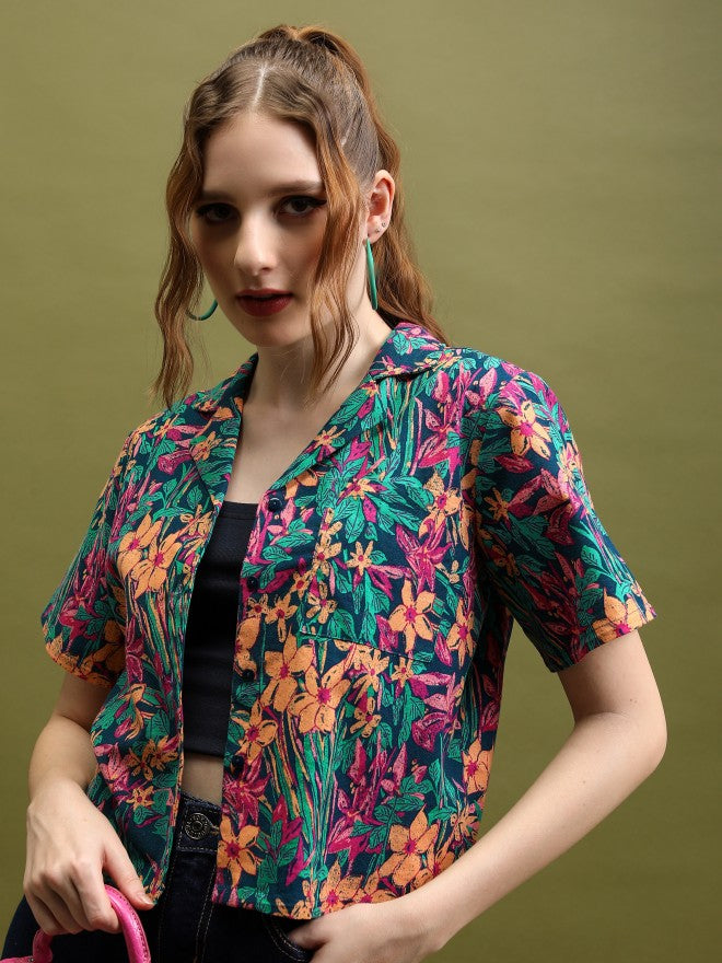 Tokyo Talkies Women Teal Printed Shirt Style Top - Teal - Image 1
