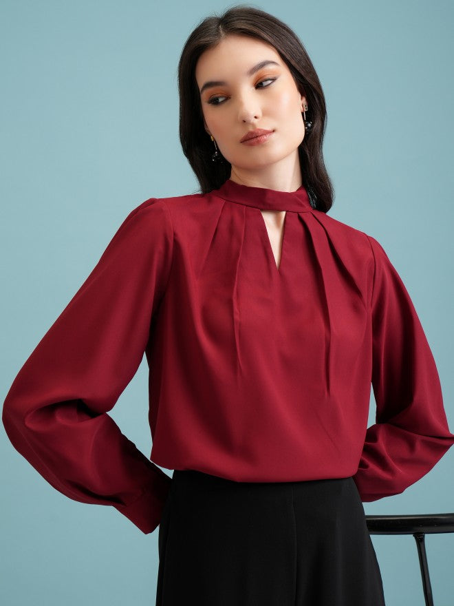 Tokyo Talkies Women Maroon Solid Blouson Top - Maroon - Image 1