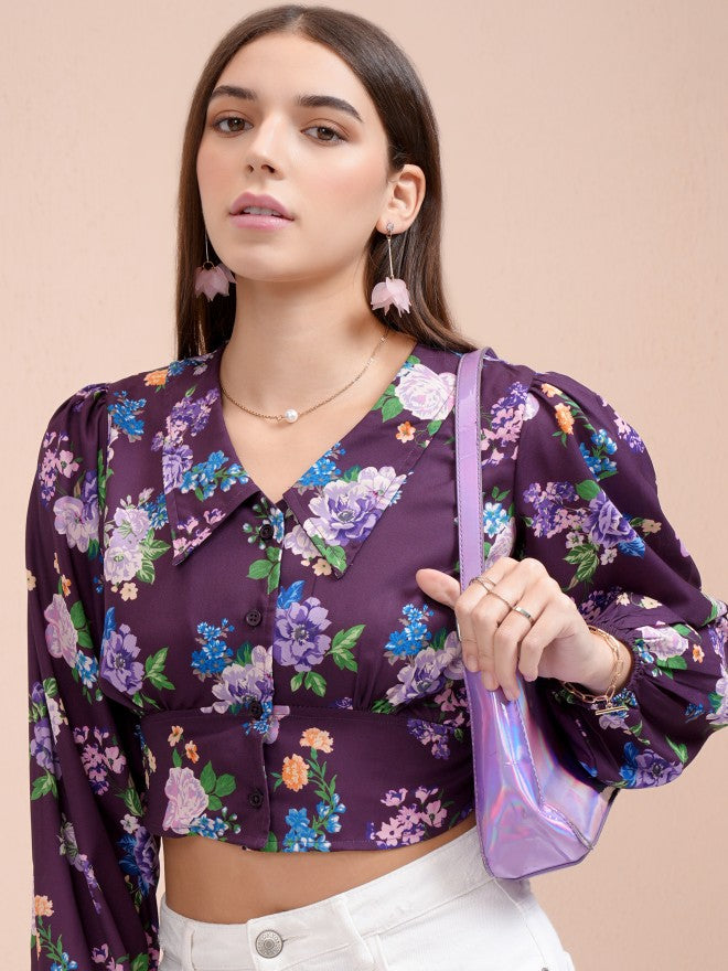 Tokyo Talkies Women Purple Printed Blouson Top - Purple - Image 1
