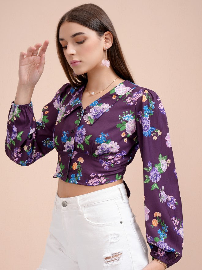 Tokyo Talkies Women Purple Printed Blouson Top - Purple - Image 4