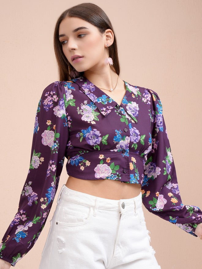 Tokyo Talkies Women Purple Printed Blouson Top - Purple - Image 6