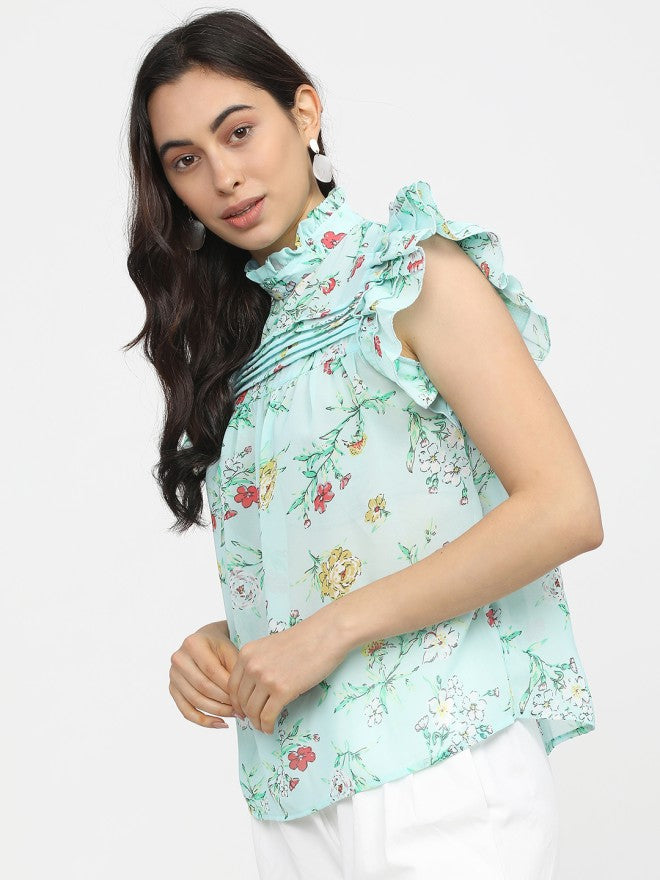 Tokyo Talkies Women Blue Printed Regular Top - Blue - Image 1