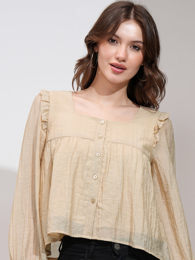 Tokyo Talkies Women Khaki Solid Blouson Top - Khaki - Image 1