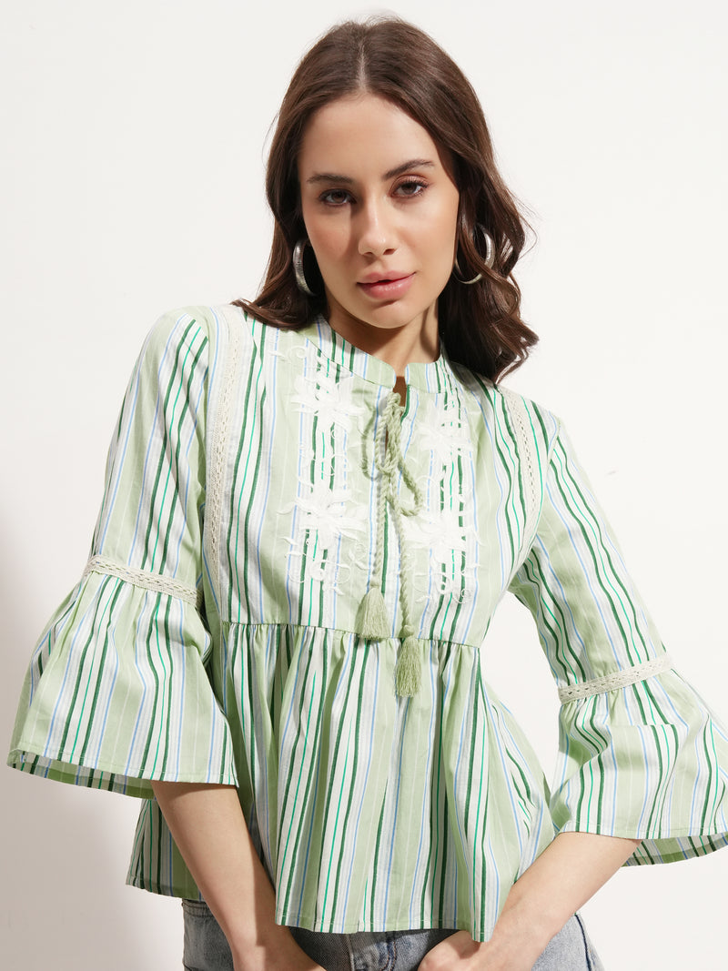 Tokyo Talkies Women Green Embroidered Peplum Top - Green - Image 1