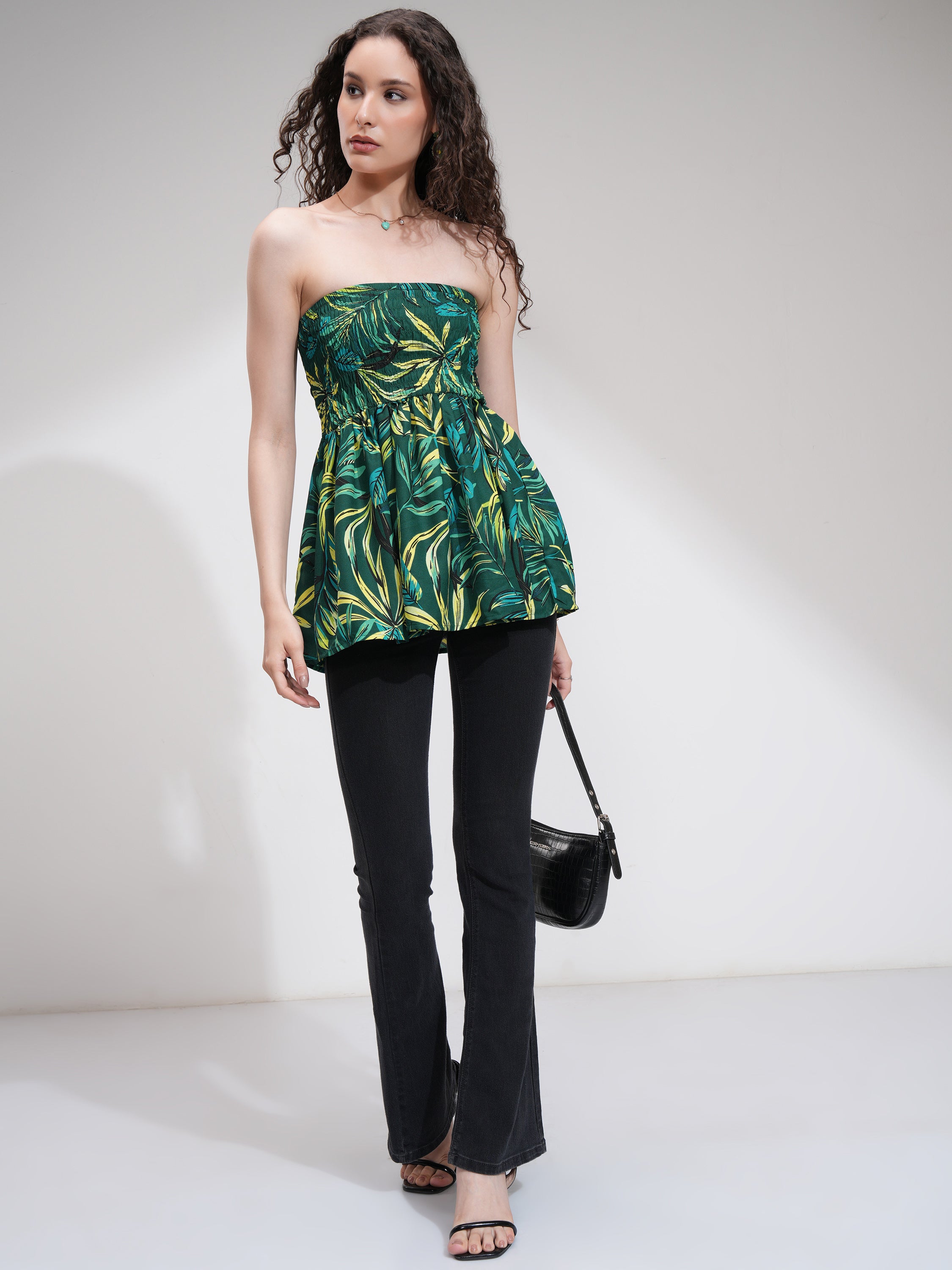 Tokyo Talkies Women Green Printed Peplum Top - Green - Image 2