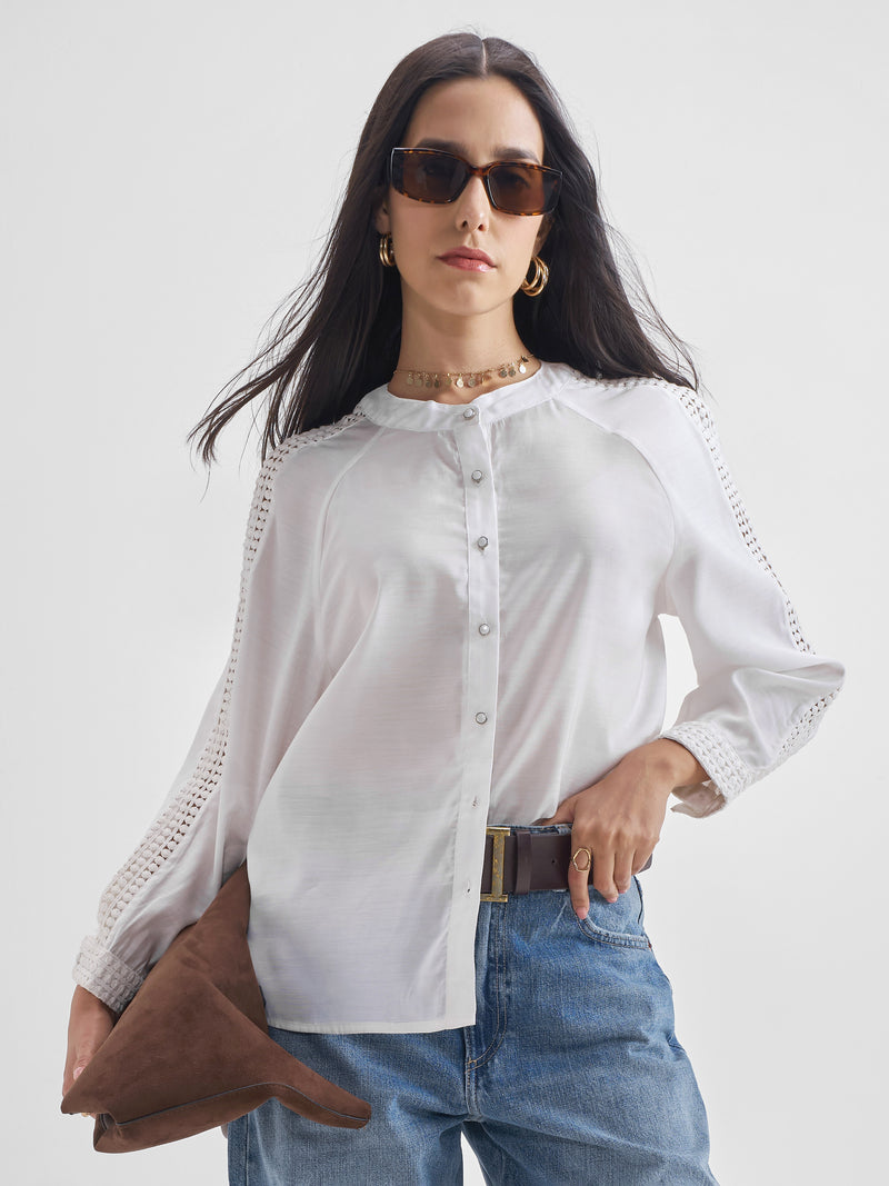 Chic By Tokyo Talkies Women Cream Solid Regular Tops - Cream - Image 1