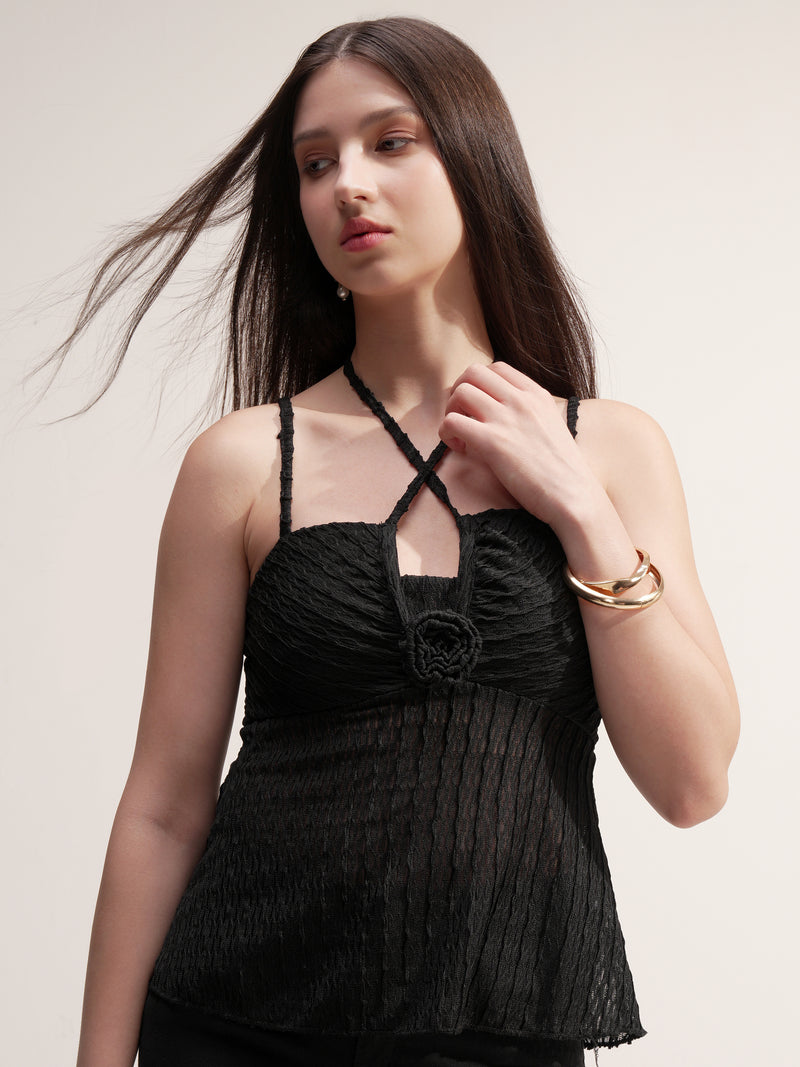 Tokyo Talkies Women Black Self Design Peplum Top - Black - Image 1