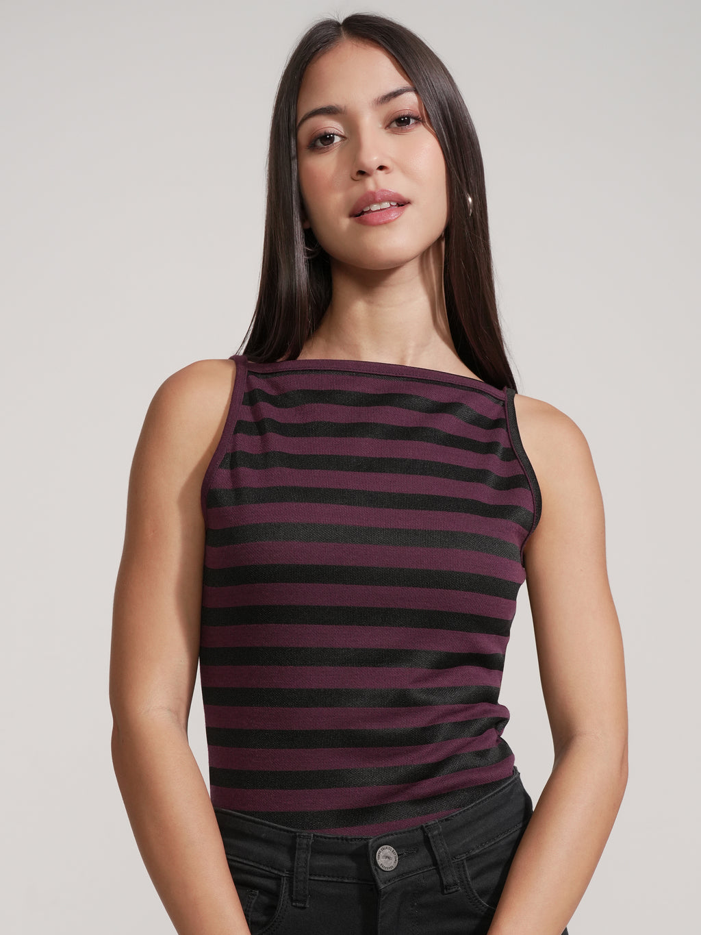 Tokyo Talkies Women Purple Striped Regular Top - Purple - Image 1