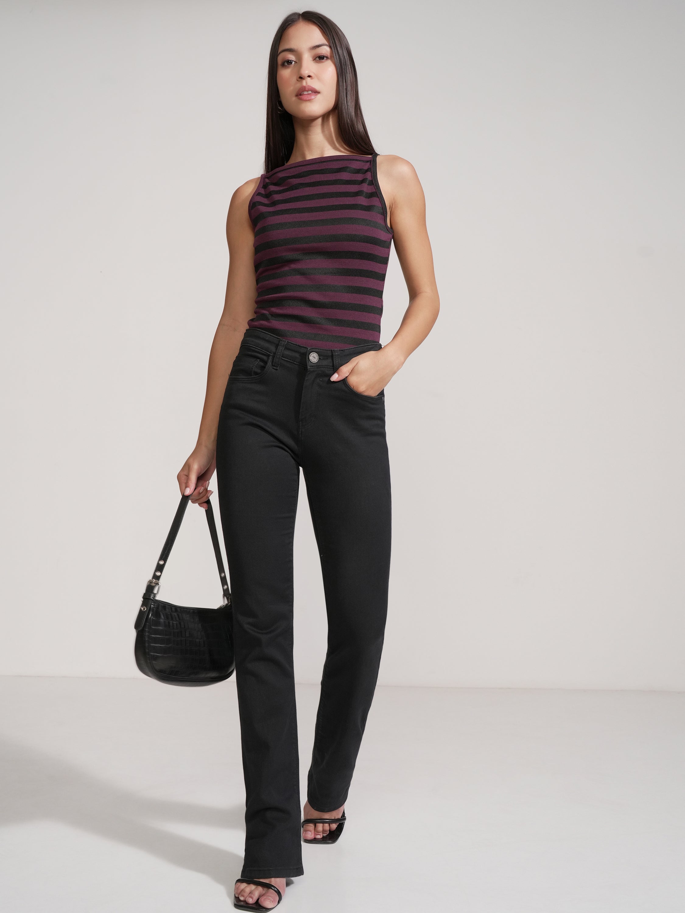 Tokyo Talkies Women Purple Striped Regular Top - Purple - Image 2