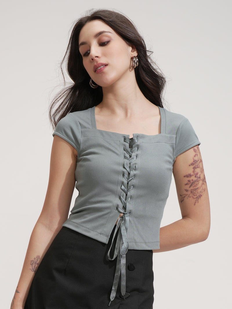 Tokyo Talkies Women Grey Solid Regular Top - Grey - Image 1
