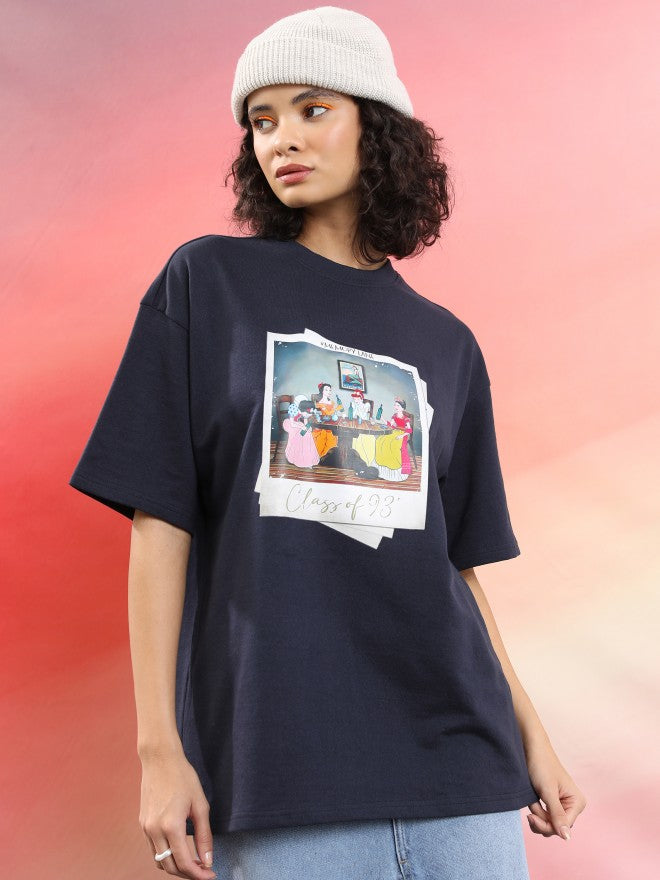 Tokyo Talkies Women Navy Blue Printed Round Neck Oversized Fit T-Shirt - Navy Blue - Image 1