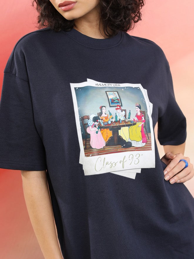 Tokyo Talkies Women Navy Blue Printed Round Neck Oversized Fit T-Shirt - Navy Blue - Image 5