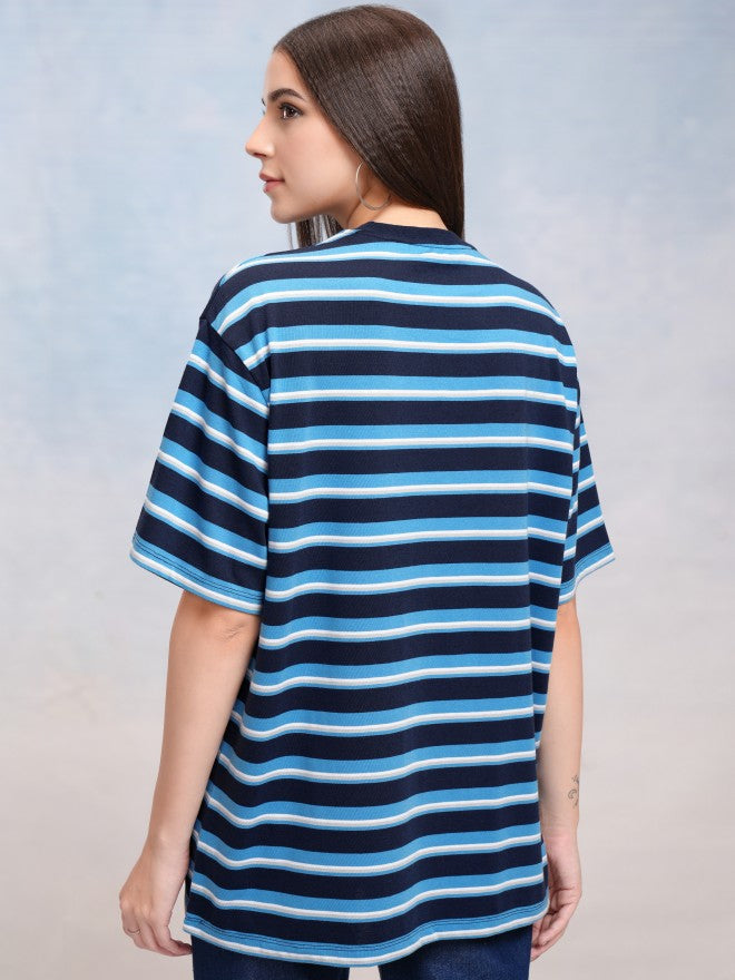 Tokyo Talkies Women Navy Blue Striped Round Neck Oversized Fit T-Shirt - Navy Blue - Image 3