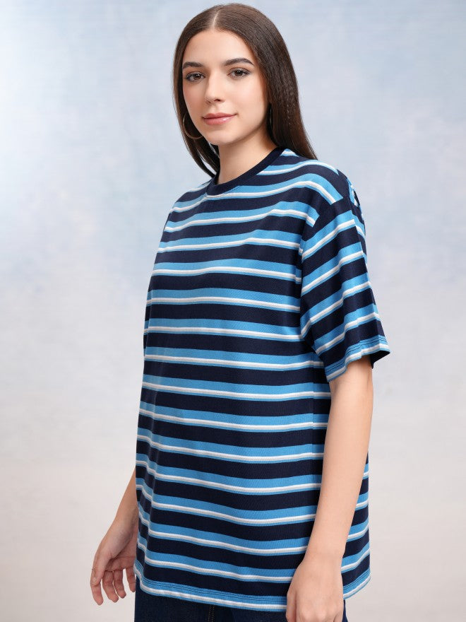Tokyo Talkies Women Navy Blue Striped Round Neck Oversized Fit T-Shirt - Navy Blue - Image 4