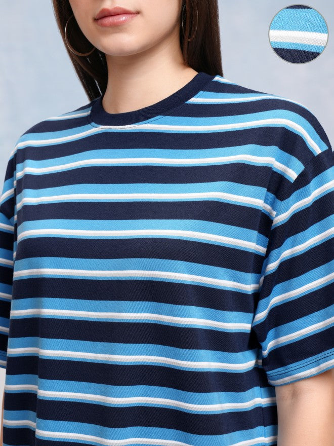 Tokyo Talkies Women Navy Blue Striped Round Neck Oversized Fit T-Shirt - Navy Blue - Image 5