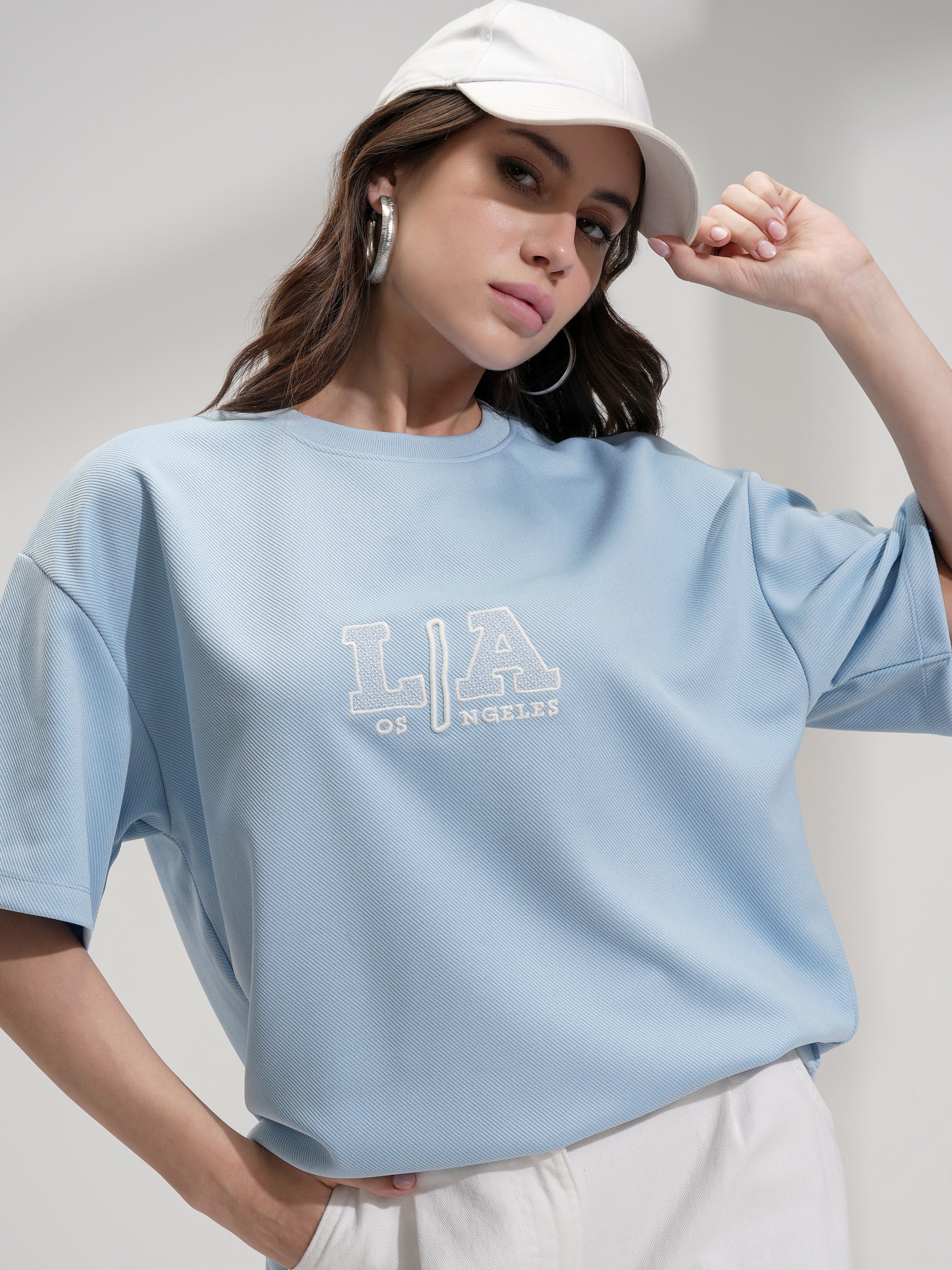 Tokyo Talkies Women Blue Embroidered Round Neck Oversized Fit T-Shirt - Blue - Image 1
