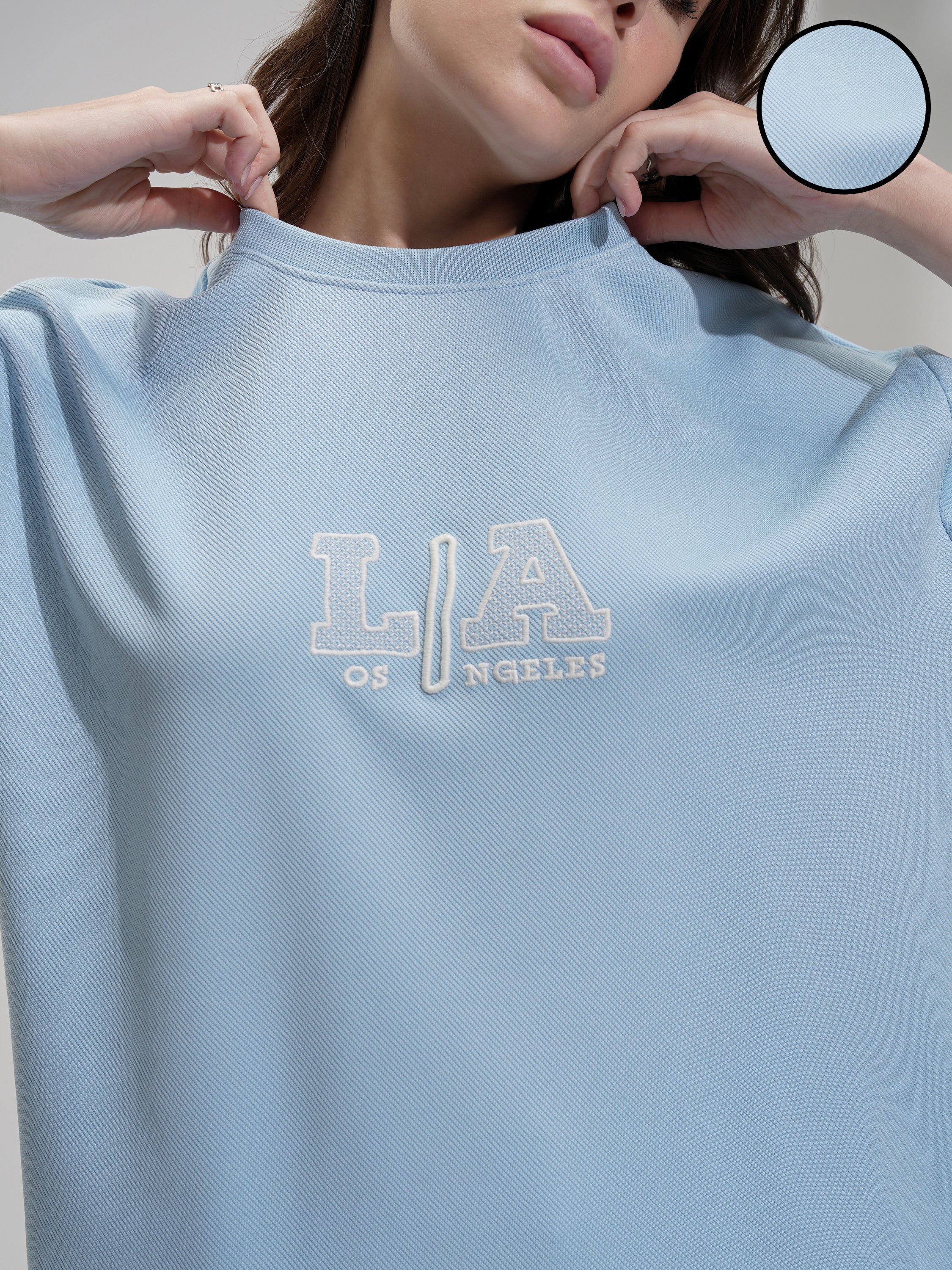 Tokyo Talkies Women Blue Embroidered Round Neck Oversized Fit T-Shirt - Blue - Image 5