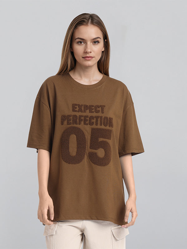 Street By Tokyo Talkies Women Brown Self Design Oversized Fit T-Shirt - Brown - Image 1