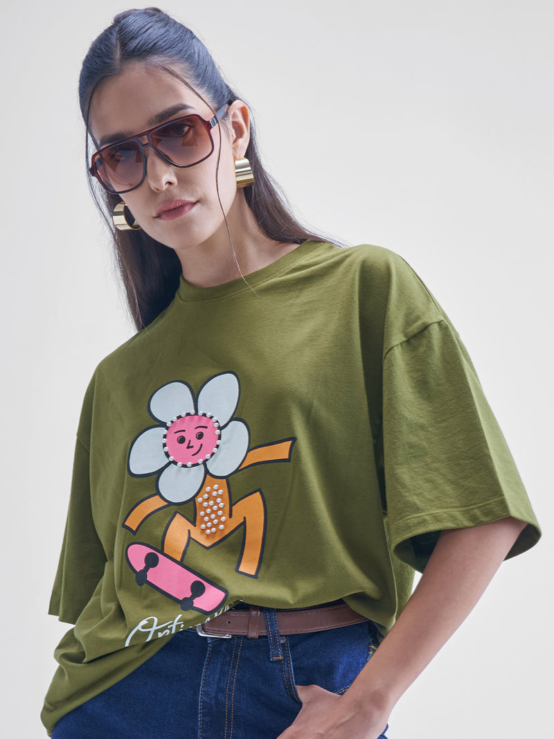 Tokyo Talkies Women Olive Printed Round Neck Oversized Fit T-Shirt - Olive - Image 1