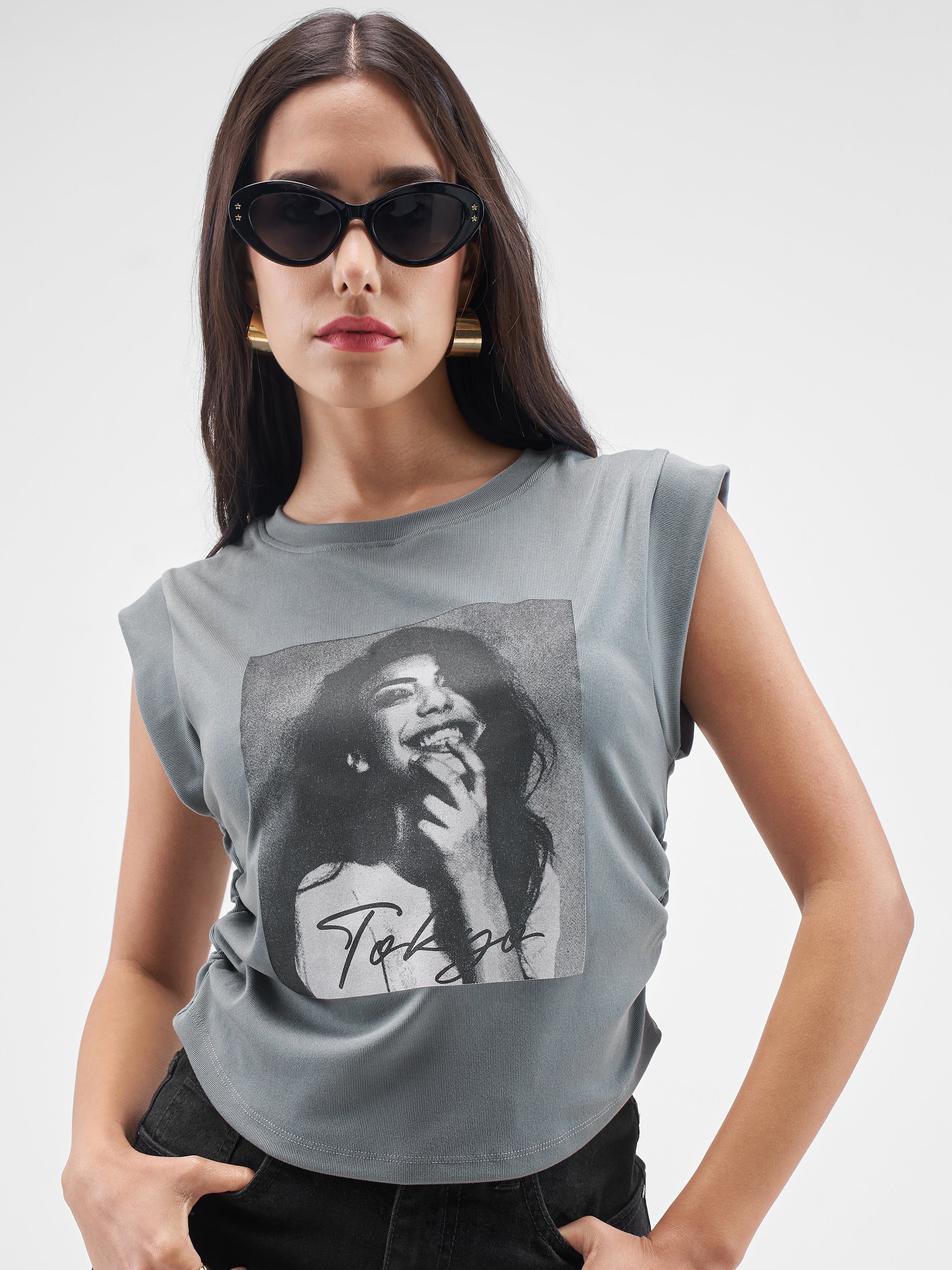 Street By Tokyo Talkies Women Grey Printed Round Neck T-Shirt - Grey - Image 1