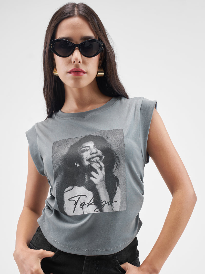 Street By Tokyo Talkies Women Grey Printed Round Neck T-Shirt - Grey - Image 1