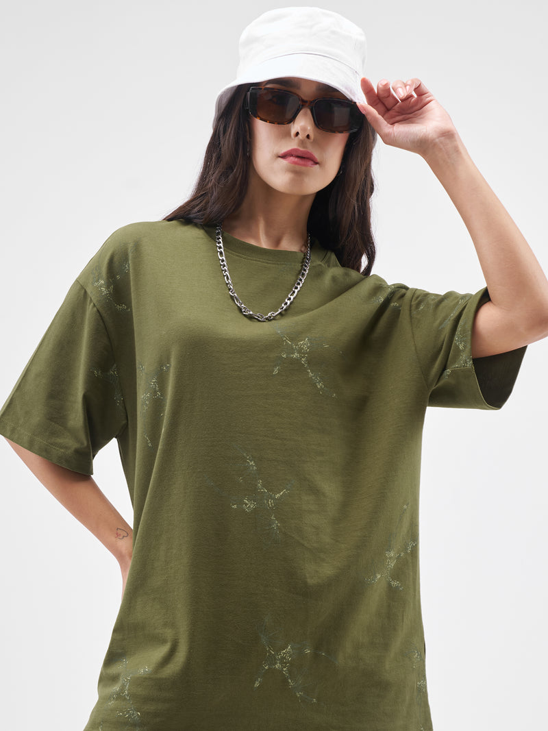 Street By Tokyo Talkies Women Olive Printed Round Neck Oversized Fit T-Shirt - Olive - Image 1
