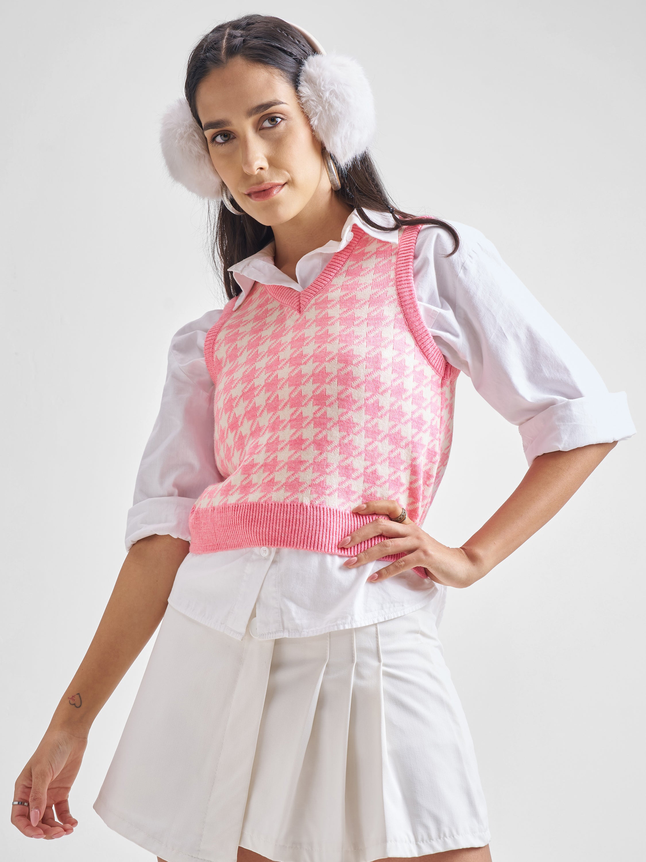 Tokyo Talkies Womens Pink/White Checked Sweater - Pink - Image 1