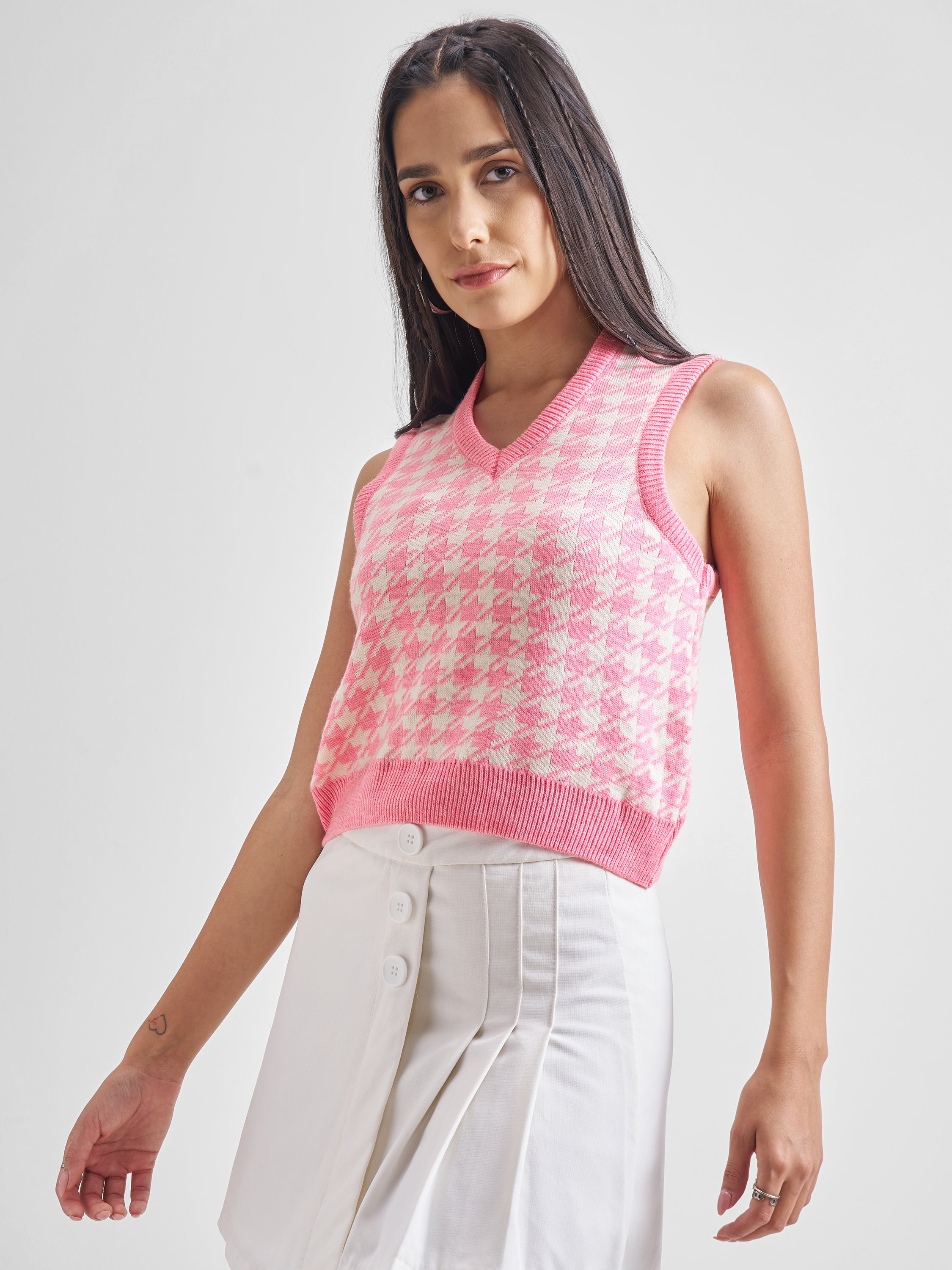 Tokyo Talkies Womens Pink/White Checked Sweater - Pink - Image 4