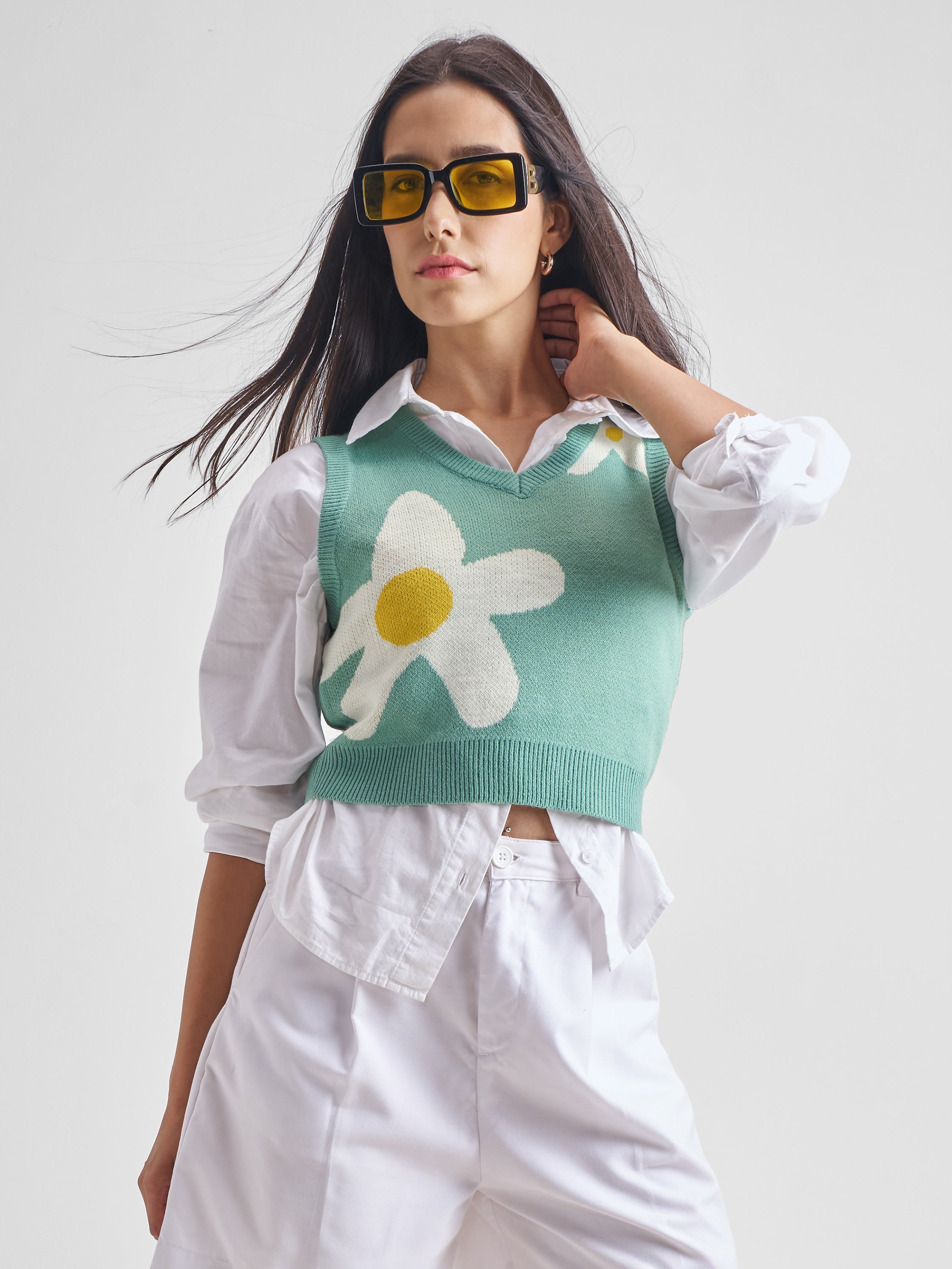 Tokyo Talkies Womens Aqua Blue/White V-Neck Sleevless Sweater - Blue - Image 1