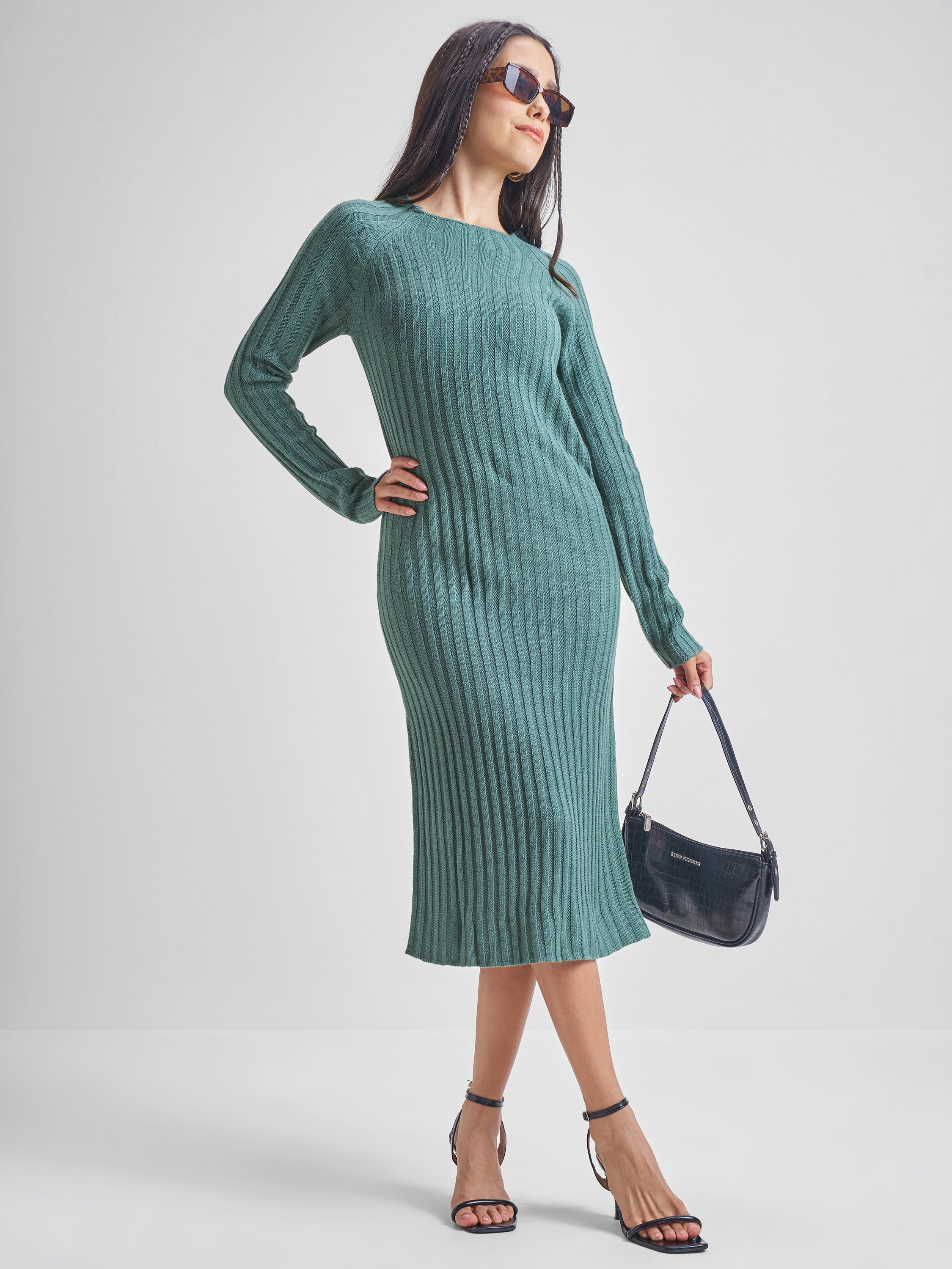 Tokyo Talkies Womens Pine Round Neck Longline Sweater - Green - Image 1