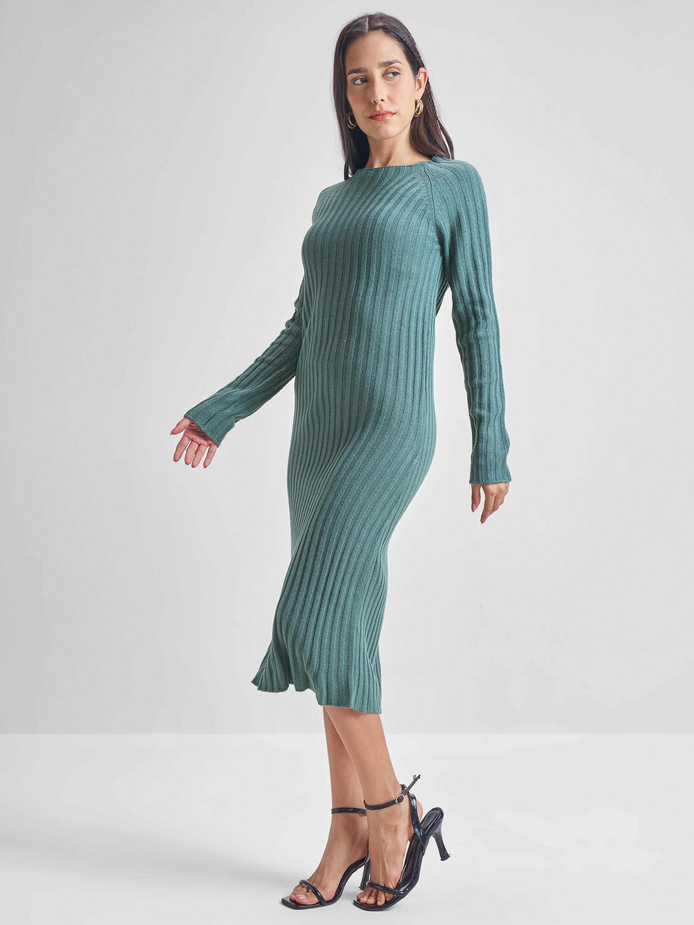 Tokyo Talkies Womens Pine Round Neck Longline Sweater - Green - Image 2