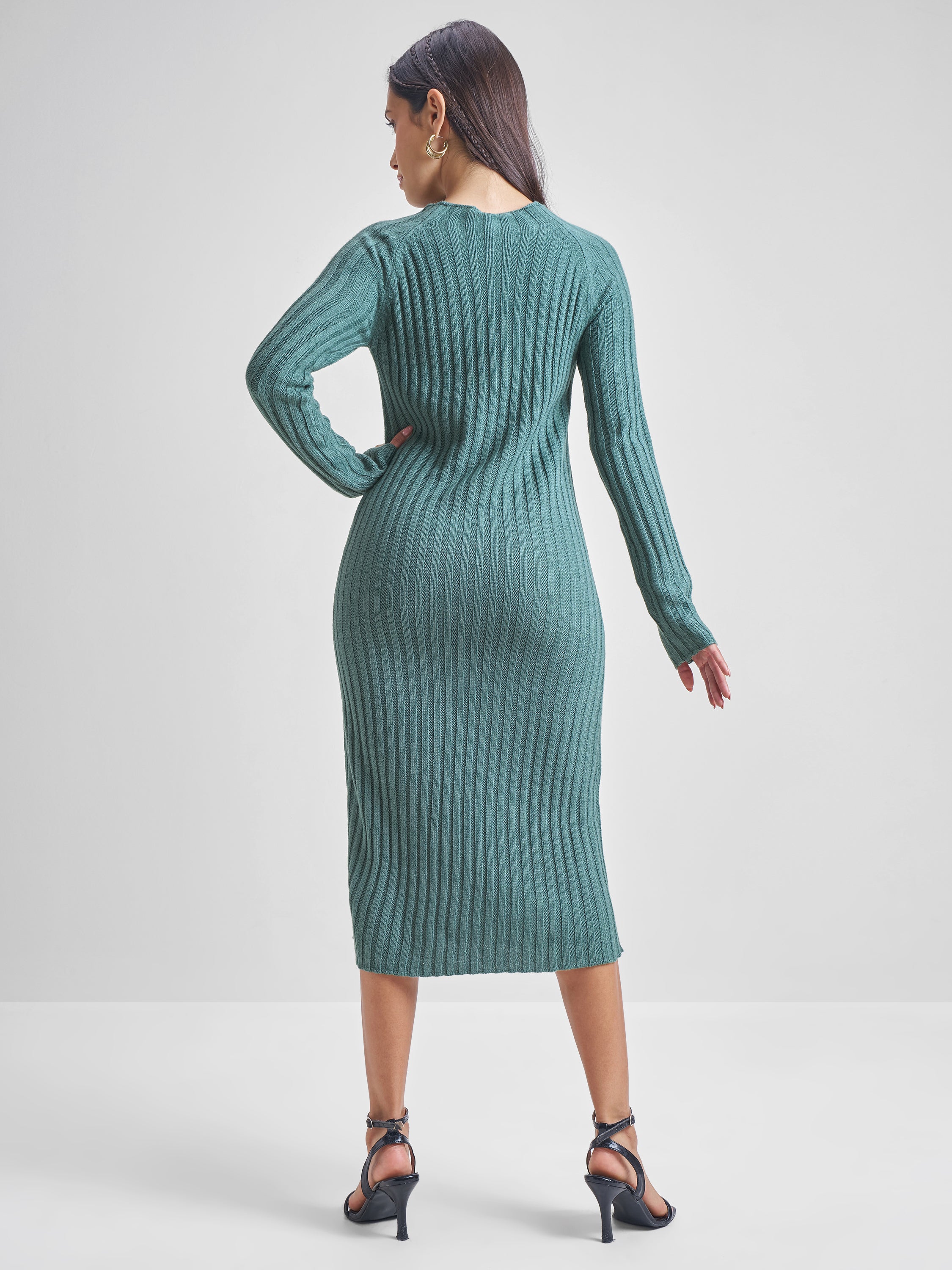 Tokyo Talkies Womens Pine Round Neck Longline Sweater - Green - Image 3