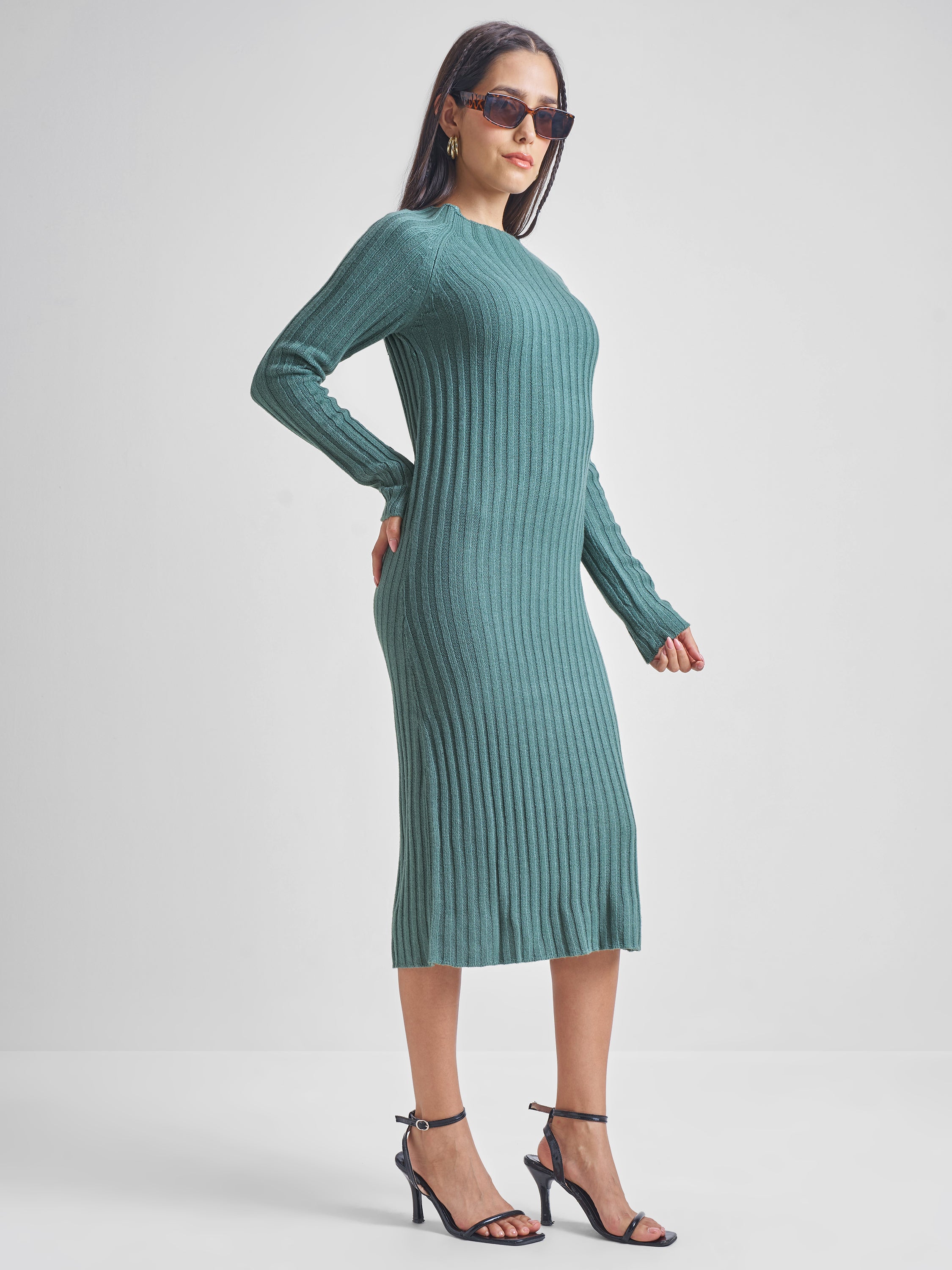 Tokyo Talkies Womens Pine Round Neck Longline Sweater - Green - Image 4
