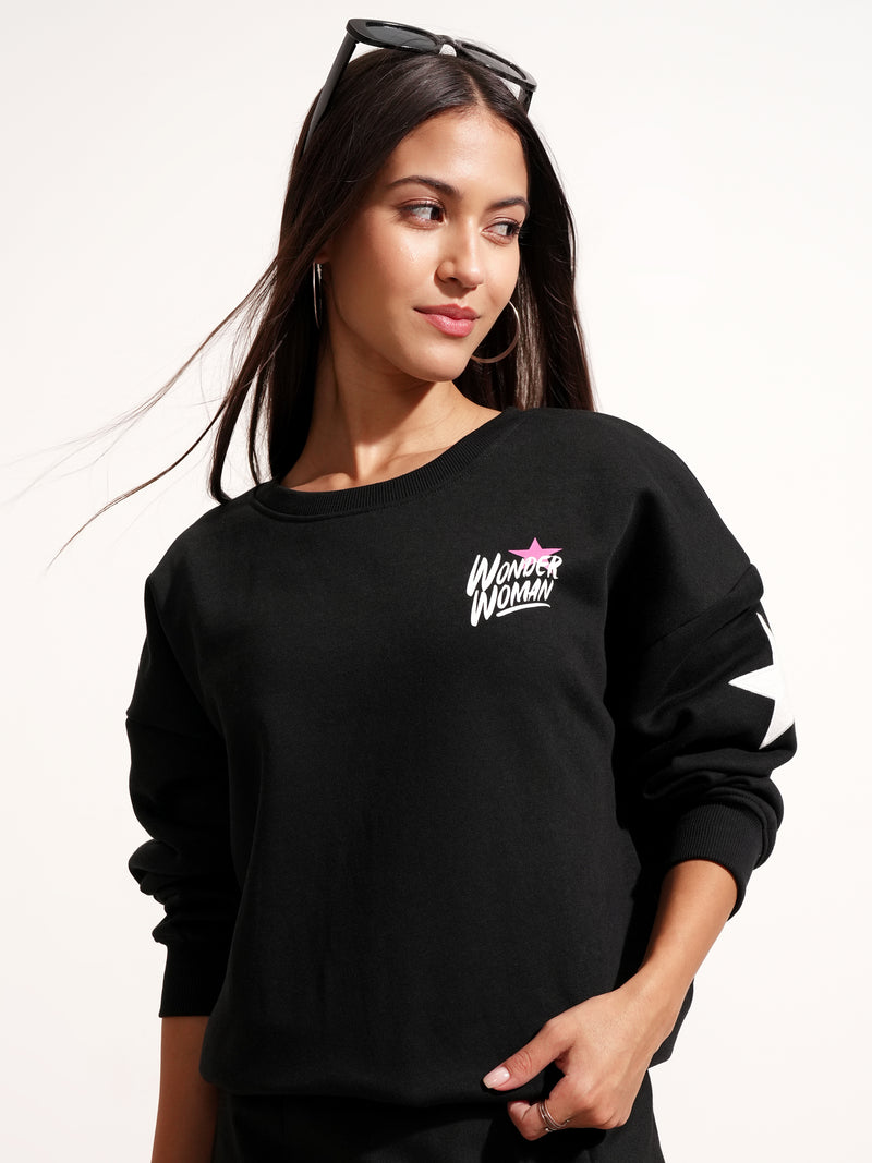 DC By Tokyo Talkies Women Black Wonder Woman Printed Pullover Round Neck Sweatshirt - Black - Image 1