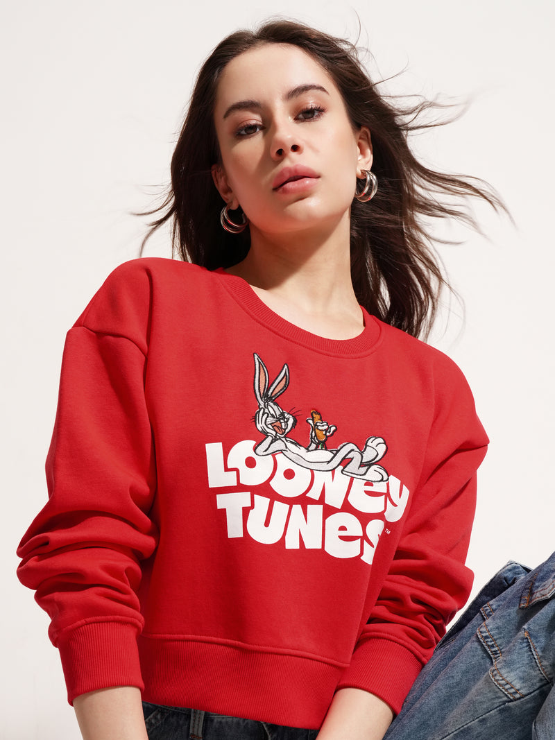 WB By Tokyo Talkies Women Red Looney Tunes Printed Pullover Round Neck Sweatshirt - Red - Image 1
