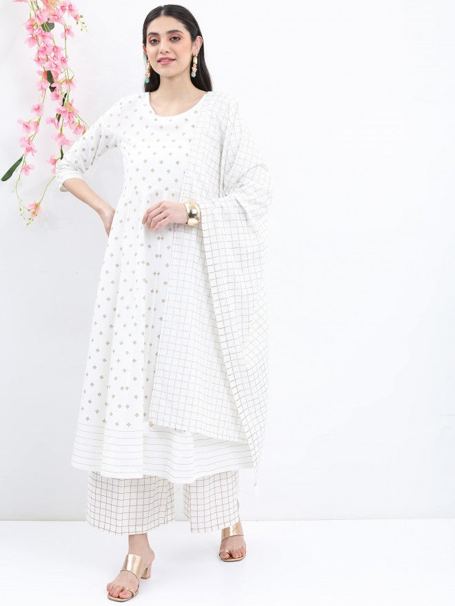 Vishudh Women Off White Printed Kurta With Palazzo And Dupatta - Off White - Image 1