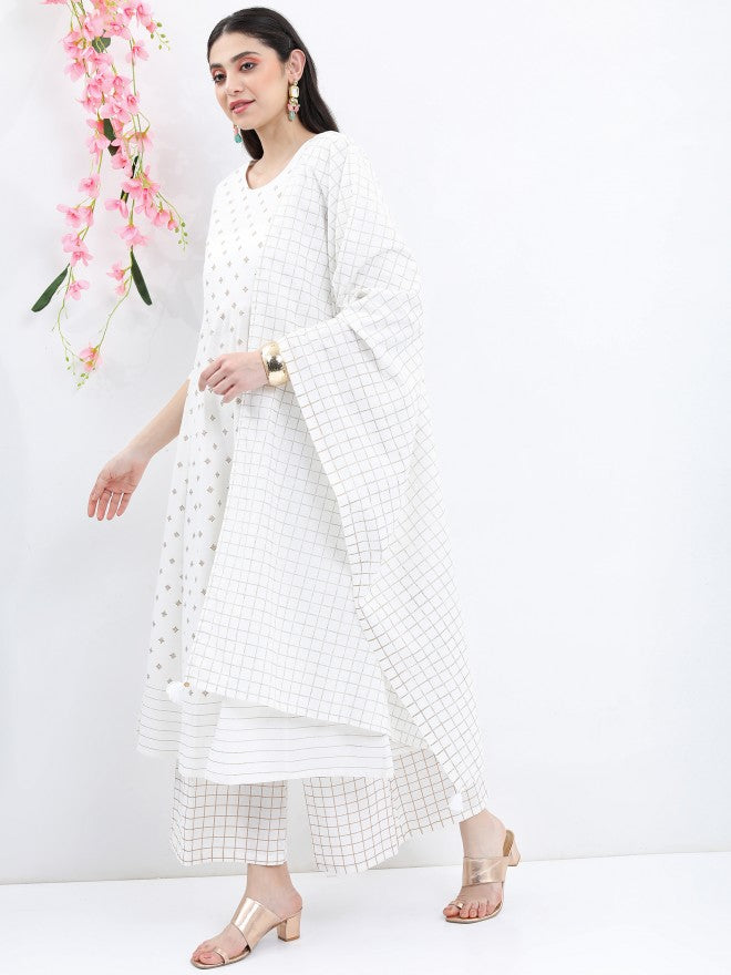 Vishudh Women Off White Printed Kurta With Palazzo And Dupatta - Off White - Image 2