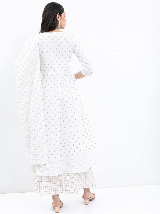 Vishudh Women Off White Printed Kurta With Palazzo And Dupatta - Off White - Image 3