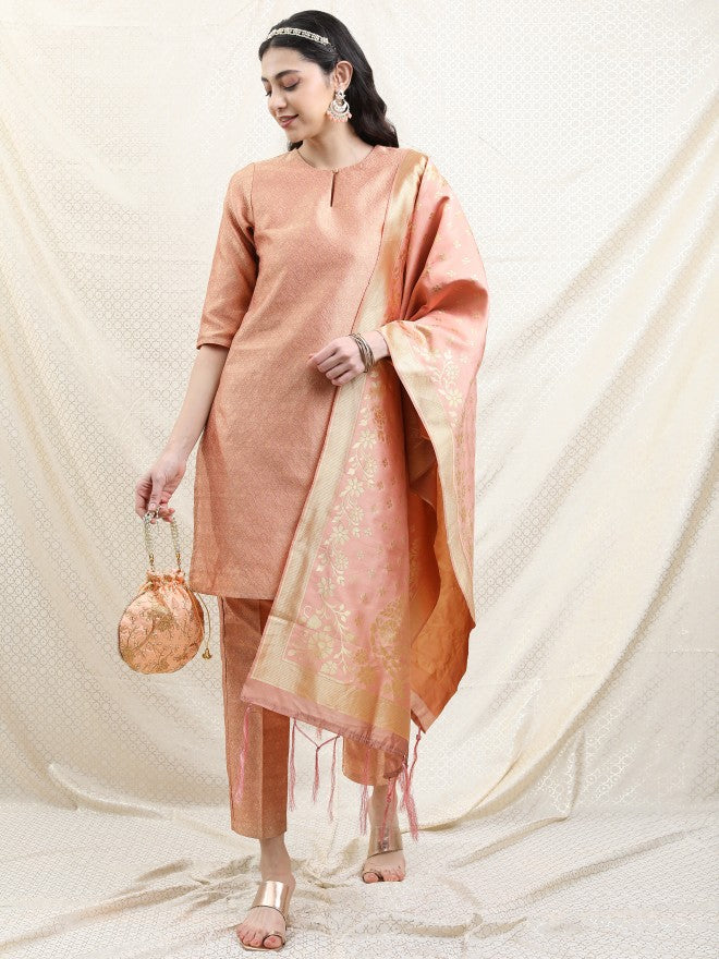 Vishudh Women Pink Printed Brocade Kurta With Palazzo And Dupatta - Pink - Image 1