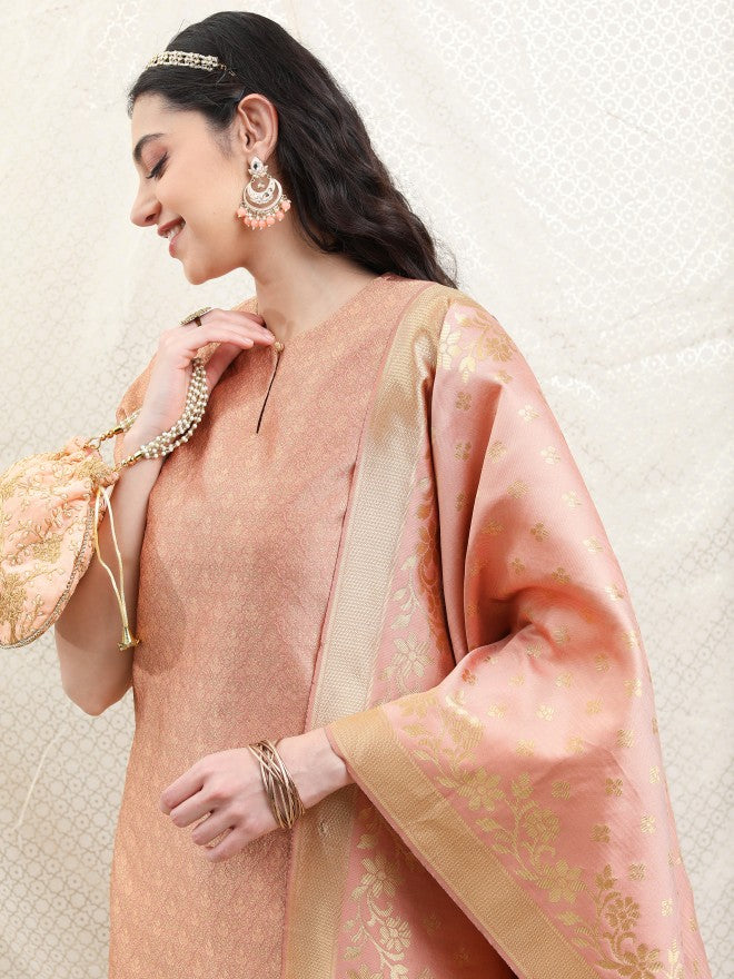 Vishudh Women Pink Printed Brocade Kurta With Palazzo And Dupatta - Pink - Image 2