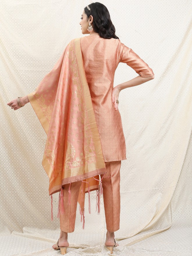 Vishudh Women Pink Printed Brocade Kurta With Palazzo And Dupatta - Pink - Image 3