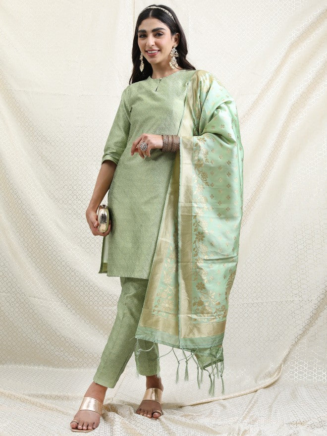 Vishudh Women Sage Printed Brocade Kurta With Palazzo And Dupatta - Sage - Image 1