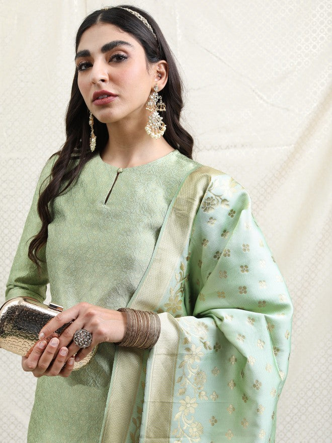 Vishudh Women Sage Printed Brocade Kurta With Palazzo And Dupatta - Sage - Image 2