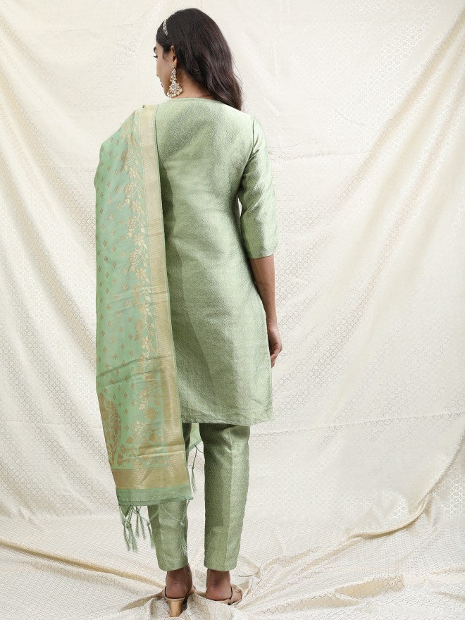 Vishudh Women Sage Printed Brocade Kurta With Palazzo And Dupatta - Sage - Image 3